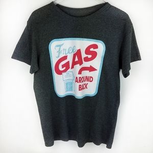 Funny play on words. Gas around back...get it? Lol